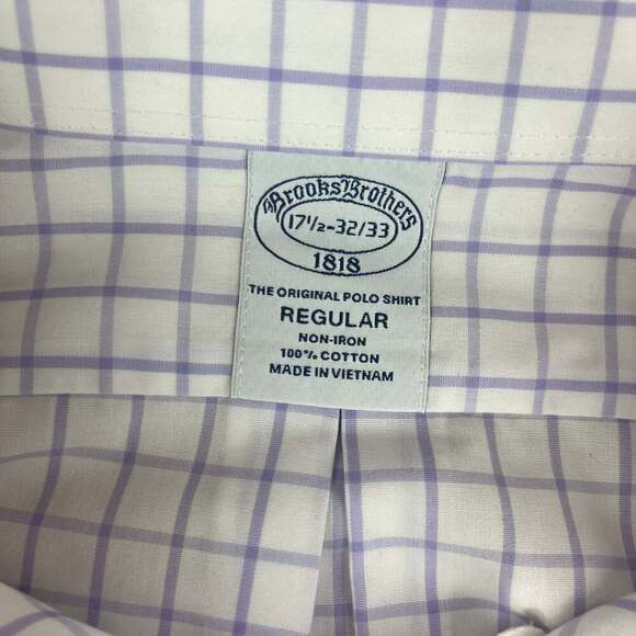 Brooks Brothers Regent Mens Size 17.5 32/33 White Purple Plaid Non Iron - Picture 6 of 11
